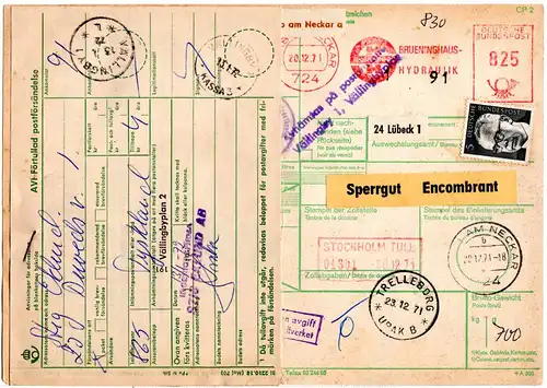 BRD 1971, Luftpost Paketkarte v. HORB AM NECKAR m. Schweden Porto-Etikett 