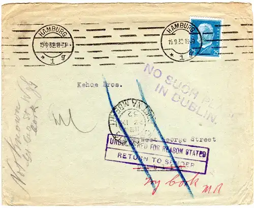 DR 1932, 25 Pf. auf Retour Brief v. Hamburg n. Dublin m. Irland Hinweisstempeln