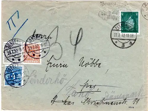 DR 1932, 8 Pf. auf Brief v. Flensburg n. Sönderhö m. 3 Dänemark Portomarken