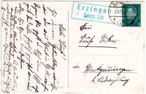 DR 1931, Landpost Stpl. ERZINGEN Balingen Land auf Karte m. 8 Pf.