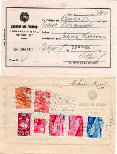 Ecuador 1955, 7 Marken rücks. auf Posteinlieferungsschein f. 1 Paket v Guayaquil