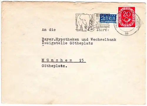 BRD 1952, Zoo-Werbestempel v. Stuttgart m. Abb. Elefant auf Brief m. 20 Pf.