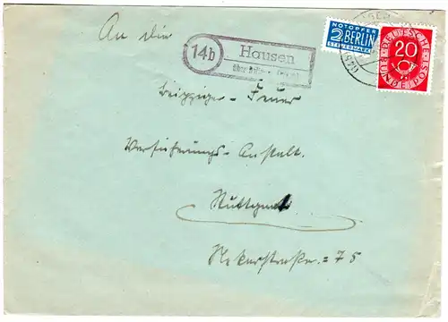 BRD 1953, Landpost Stpl. 14b HAUSEN über Balingen auf Brief m. 20 Pf.