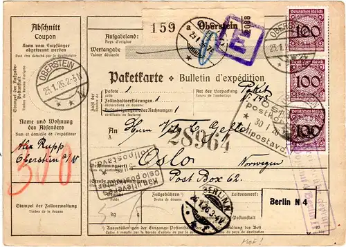 DR 1926, MeF 3x100 Pf. auf Paketkarte v. Oberstein n. Norwegen. Gebühr geprüft.