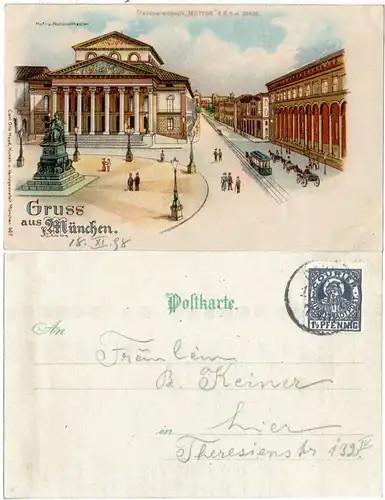 Gruss aus München, 1898 gebr. Meteor Transparentpostkarte m. Theater u. Trambahn