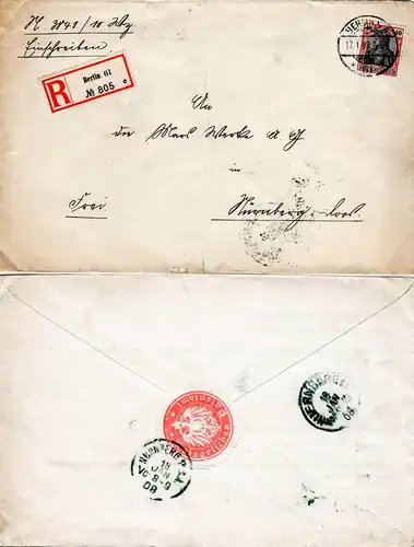 DR 1908, EF 40 Pf. Germania auf Patentamt Einschreiben Brief v. Berlin n. Bayern