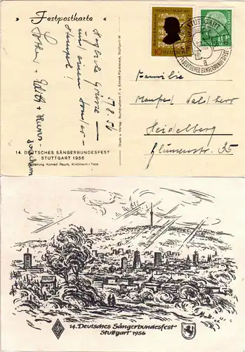 BRD 1956, Sängerbundfest Sonderkarte m. entsprechendem Stuttgart Sonderstempel.