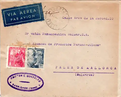 Spanien 1950, Luftpost Brief v. Torrijo n. Mallorca m. rs. AMB. Rapido Bahnpost