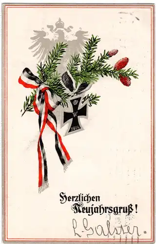 WK I Neujahrsgruß m. Reichsadler u. Eisernem Kreuz, 1915 m. FP gebr. Farb-AK