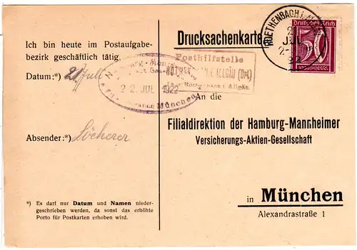 DR 1922, Bayern Posthilfstelle RÖTHENBACH i. ALLGÄU auf Karte m. 50 Pf. 