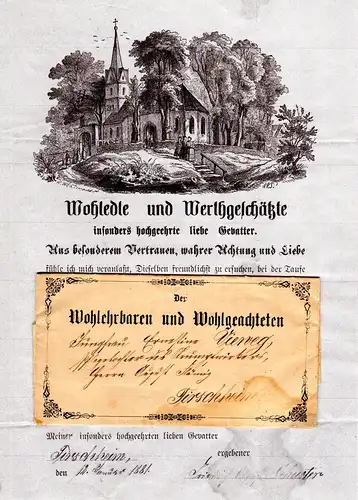 DR 1881, schön verzierter Taufpatenbrief v. Tirschheim