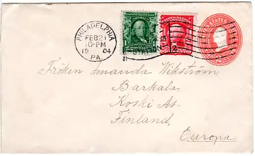 USA 1904, 1+2 C. Zusatzfr. auf 2 C. Ganzsache Brief v. Philadelphia n. Finnland