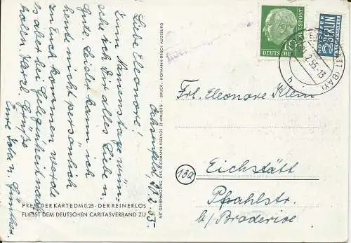 1955, Ochsenfeld ü. Eichstätt, Landpoststellen Stpl. auf Karte m. Notopfer #2847