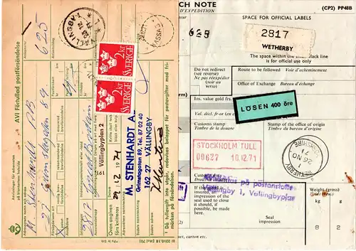 GB 1971, Luftpost Paketkarte v. Wetherby m. Schweden Porto u. Postformular