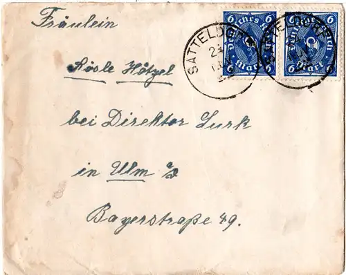 DR 1922, MeF waagr. Paar 6 Mk. auf portorichtigem Brief m. Inhalt v. Satteldorf