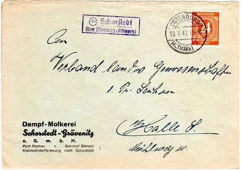 1947, Landpost Stempel SCHORSTAEDT über Osterburg auf Molkerei Brief m. 24 Pf.