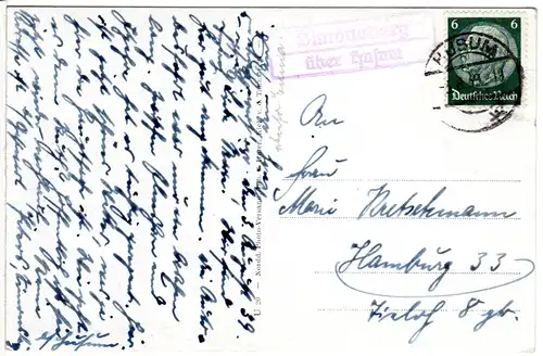 DR 1939, Landpost Stempel SIMONSBERG über Husum auf sw-AK m. 6 Pf.