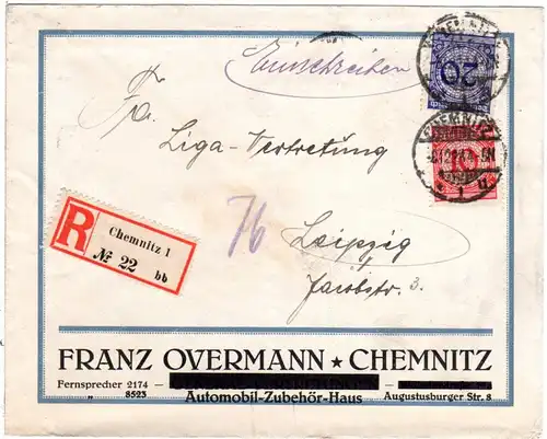 DR 1923, 10+20 Pf. Germania auf Reko Dezember-Brief v. Chemnitz