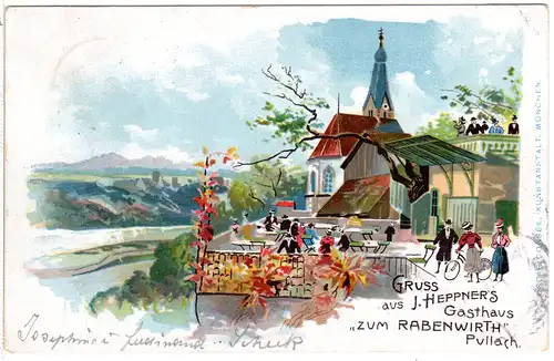 Pullach, Gruss aus J. Heppner´s Gasthaus Zum Rabenwirt, 1900 gebr. Litho-AK