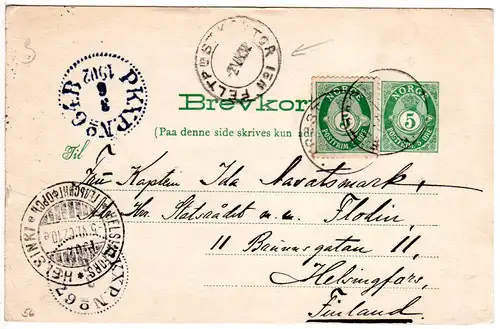 Norwegen 1902, 5 öre auf 5 Öre Ganzsache m. K2 FELTPOSTKONTOR No.1 n. Finnland