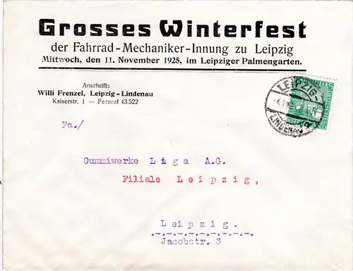 DR 1926, 5 Pf. auf Fahrad-Mechaniker Innung Winterfest Werbeumschlag v. Leipzig.
