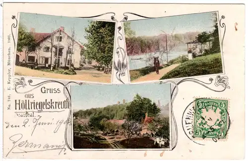 Gruss aus Höllriegelskreuth m. Gasthaus, 1902 gebr. Farb-AK