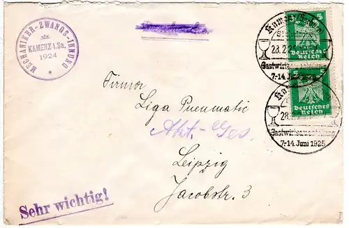 DR 1925, 2x5 Pf. auf Brief d. Mechaniker-Zwangs-Innung m. Sonderstpl. v. Kamenz