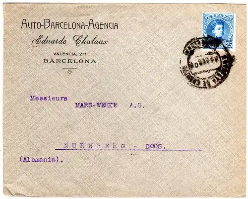 Spanien 1908, 25 C. auf Firmenbrief Auto-Barcelona-Agencia n. Bayern