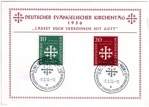 BRD 1956, 10+20 Pf. Evangelischer Kirchentag m. Ersttagsstempel auf Sonderkarte