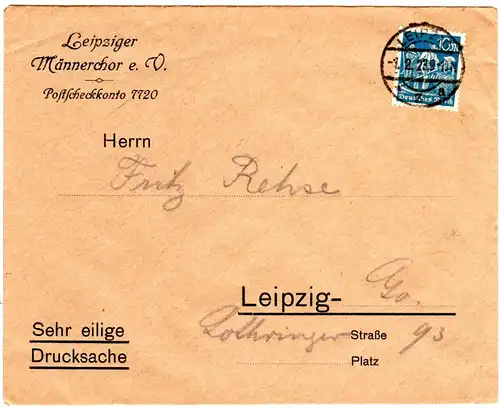 DR 1923, EF 10 Mk. auf Drucksache Brief des Leipziger Männerchor e.V.