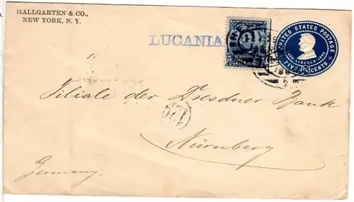 USA 1904, 5 C. auf 5 C. Late Fee Ganzsache v. NY m. Schiffstpl. LUCANIA n Bayern