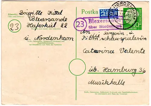 BRD 1955, Landpoststempel 23 BLEXERSANDE über Nordenham auf 10 Pf. Ganzsache