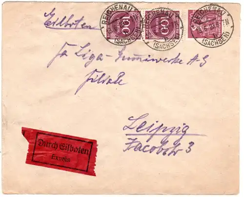 DR 1923, 20+2x100 Mk. auf Eilboten Brief v. Reichenau n. Leipzig. 