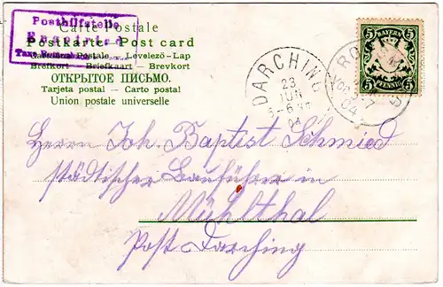 Bayern 1904, Posthilfstelle ENGETRIED Taxe Rettenbach auf Karte m. 5 Pf.