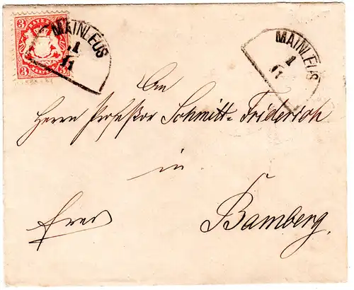 Bayern 1875, 3 Kr. WZ "weite Welle" auf Brief m. klarem HKS MAINLEUS