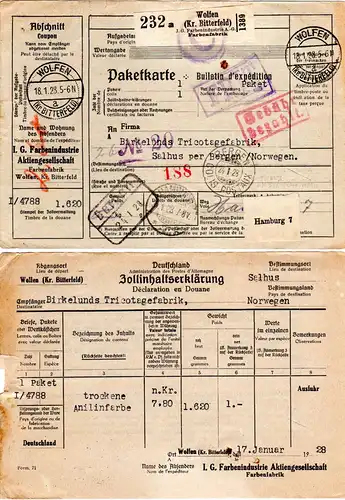 DR 1928, R2 Gebühr Bezahlt auf Paketkarte v. Wolfen via Hamburg n. Norwegen 