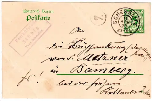 Bayern 1909, Posthilfstelle STÜBIG Taxe Schesslitz auf 5 Pf. Ganzsache