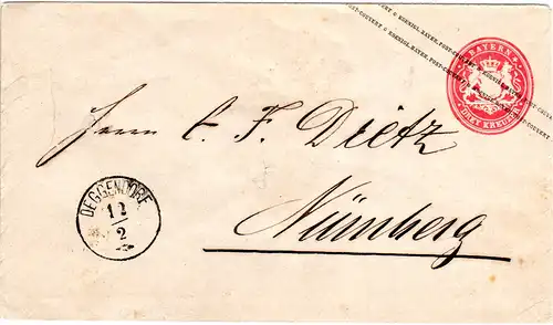 Bayern U1, 3 Kr. Ganzsachenumschlag m. Zierstempel DEGGENDORF 1870 n. Nürnberg