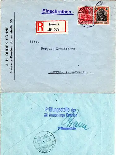 DR 1915, 10+30 Pf. Germania auf Einschreiben Brief m. Dresden Zensur n. Norwegen