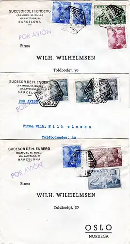 Spanien 1946/47, 3 Luftpost Briefe v. Barcelona n. Oslo m. versch. Frankaturen 