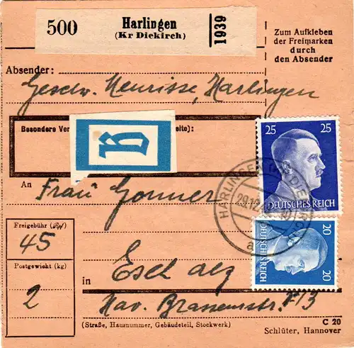 Luxemburg 1943, 20+25 Pf. auf Paketkarte m. "B"-Zettel v. Harlingen 