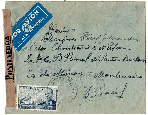 Spanien 1941, 4 Pts. u. rücks. 7 Marken auf Luftpost Zensur Brief n. Brasilien