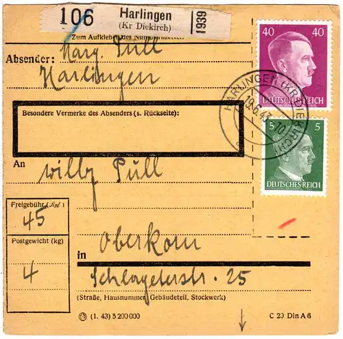 Luxemburg DR 1943, 5+40 Pf. auf Paketkarte v. Harlingen m. rs. Zustellgebühr-L2