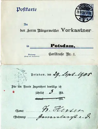DR 1905, 2 Pf. Ganzsache m. Vordruck Adresse an Bürgermeister Vorkastner Potsdam