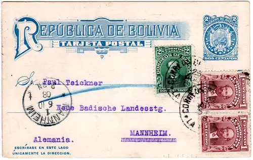 Bolivien 1908, 2 C. Ganzsache m. Zusatzfr. 2x1+2 C. v. La Paz n. Deutschland.