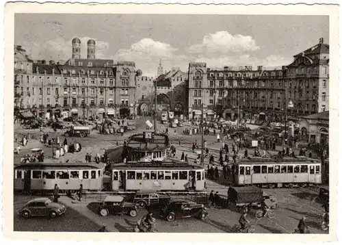 München, Stachus m. Trambahn u. Oldtimern, 1958 gebr. sw-AK