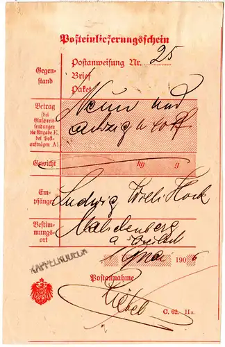 DR 1906,  L1 Kappelrodeck auf Post Einlieferungsschein f. eine Postanweisung