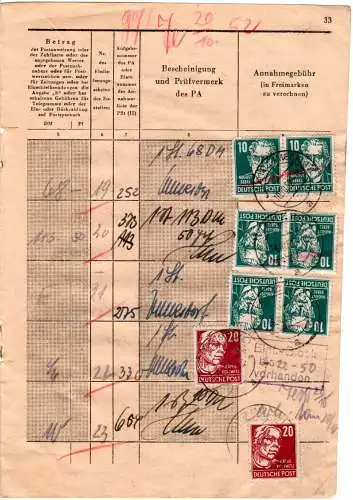 DDR 1950, 8 Marken f. Gebühren auf Seite eines Posteinlieferungsbuches v. Loitz