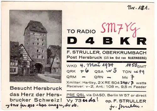 Hersbruck, 1934 gebr. Amateurfunker Radiokarte