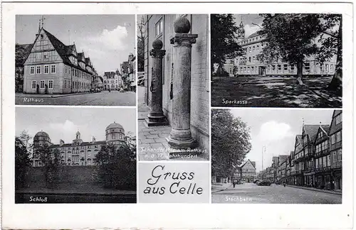 Gruss aus Celle m. u.a. Sparkasse, 1950 gebr. Mehrbild sw-AK.